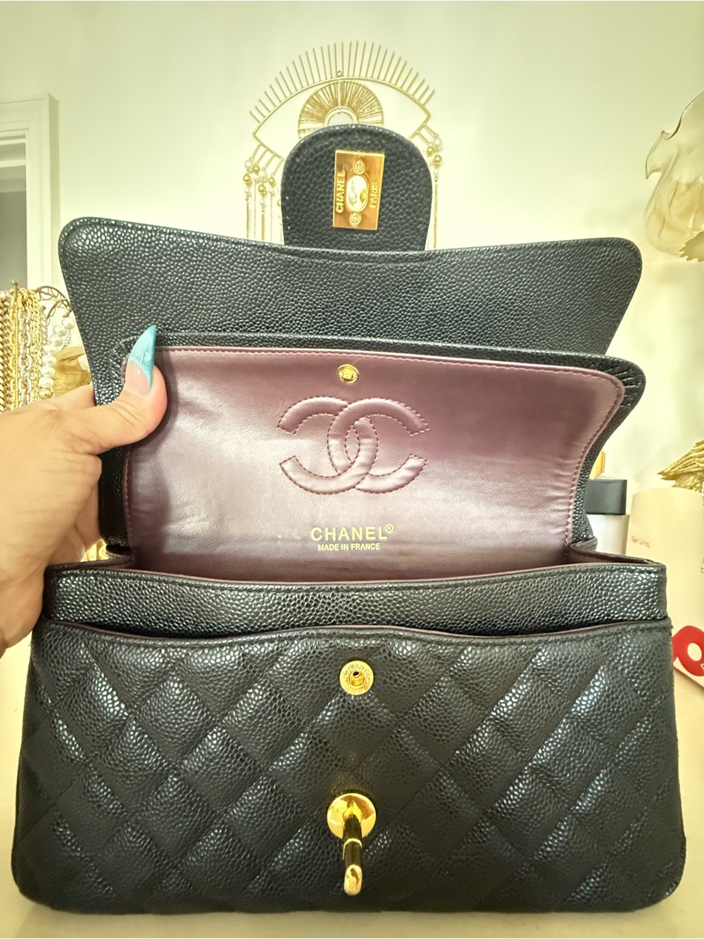 Black Quilted Caviar Leather Shoulder Bag with Shiny Gold Hardware - Picture 9 of 14